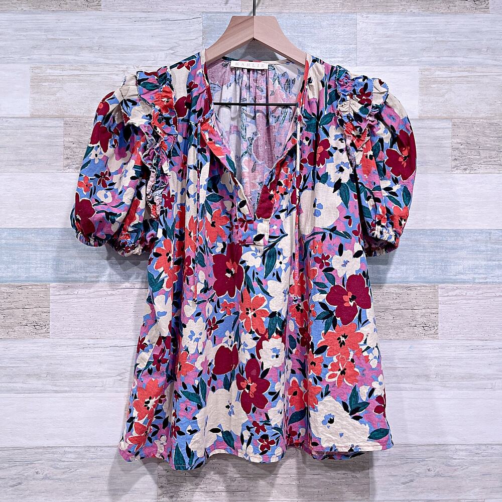 KARLIE Linen Floral V Neck Ruffle Top Pink Half Sleeve Casual Womens Medium